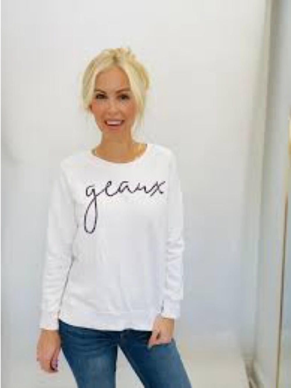 Stewart + Simmons White Crewneck Sweatshirt with Purple Script